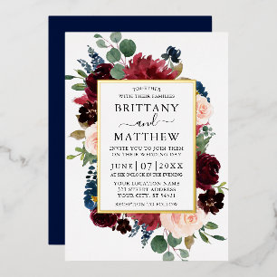 Aquarell-Blumenrahmen-Hochzeit Blau Gold Folieneinladung