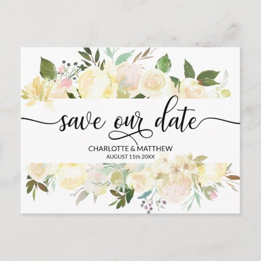 Aquarell Blumenrosa Elfenbeinhochzeit RETTE UNSER  Ankündigungspostkarte (Vorderseite)