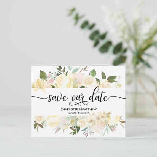 Aquarell Blumenrosa Elfenbeinhochzeit RETTE UNSER  Ankündigungspostkarte (Stehend Vorderseite)