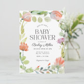 Aquarell Blumenrosa grüne Babydusche Einladung (Stehend Vorderseite)