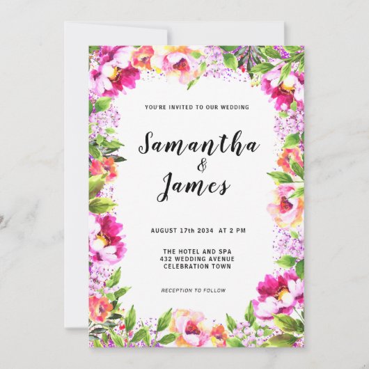 Aquarell Blumenrosa Grüne Hochzeit Einladung (Vorderseite)