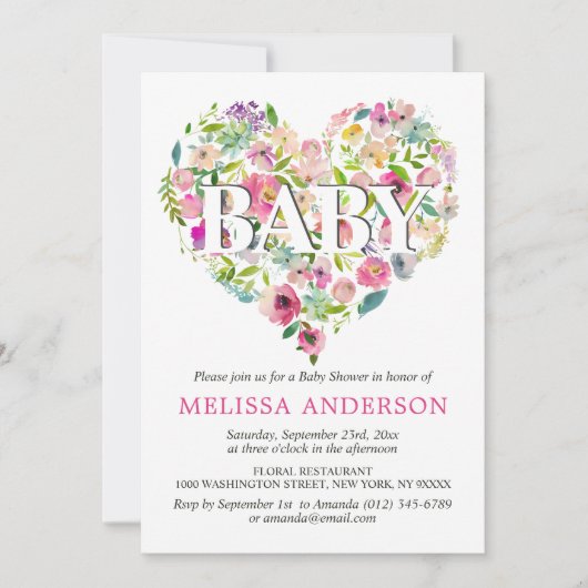 Aquarell Blumenrosa Rosa Herz Babydusche Einladung (Vorderseite)