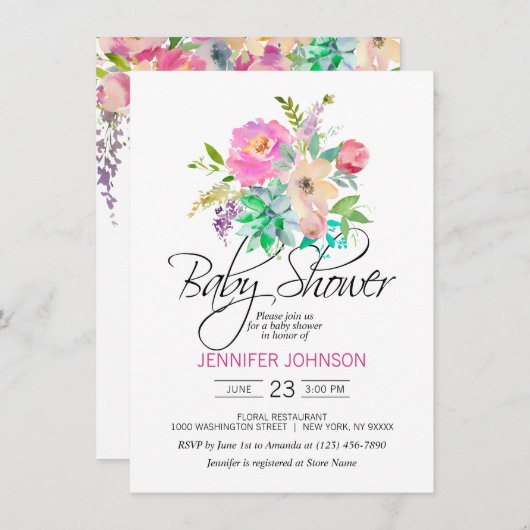Aquarell Blumenrosa Succulents Babydusche Einladung (Vorne/Hinten)
