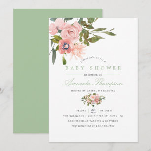 Aquarell Blumenrosa und Salbei Baby Shower Einladung