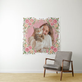 Aquarell Blumenrose & Pfotenabdruck Benutzerdefini Wandteppich