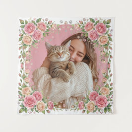 Aquarell Blumenrose & Pfotenabdruck Benutzerdefini Wandteppich