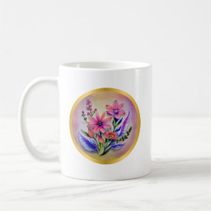 Aquarell-Blumenstrauß, farbenfroher Hintergrund Kaffeetasse