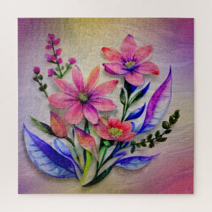 Aquarell-Blumenstrauß, farbenfroher Hintergrund Puzzle