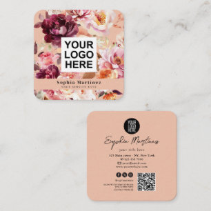 Aquarell-Blumenstrauß Floral Burgund & QR-Code-Log Quadratische Visitenkarte