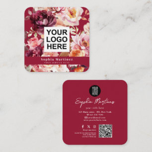 Aquarell-Blumenstrauß Floral Burgund & QR-Code-Log Quadratische Visitenkarte