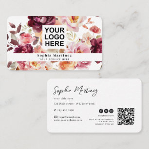 Aquarell-Blumenstrauß Floral Burgund & QR-Code-Log Visitenkarte