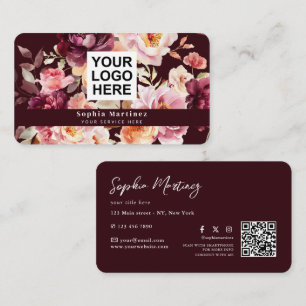 Aquarell-Blumenstrauß Floral Burgund & QR-Code-Log Visitenkarte