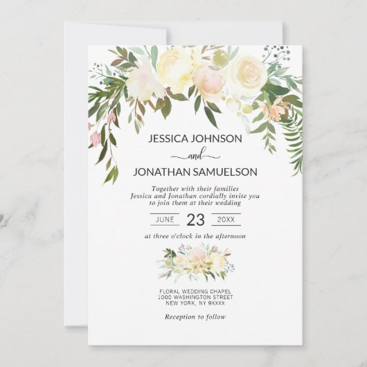 Aquarell Blumenstrauß Pink Beige Elfenbein Hochzei Einladung (Vorderseite)