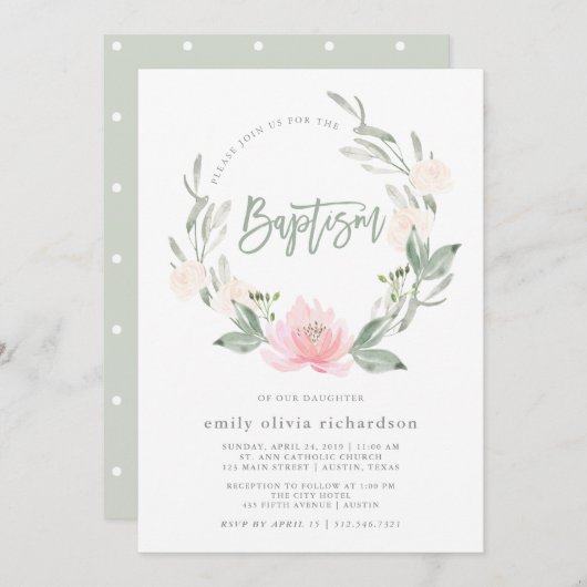 Aquarell-Blumentaufe des Frühlings-Kranz-| Einladung (Vorne/Hinten)