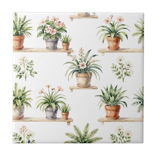 Aquarell-Blumentopf-Regal-Muster Fliese (Vorderseite)