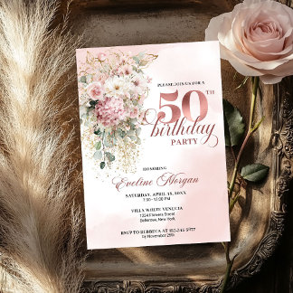 Aquarell-Blush-Blumen-Grün 50. Geburtstag Einladung