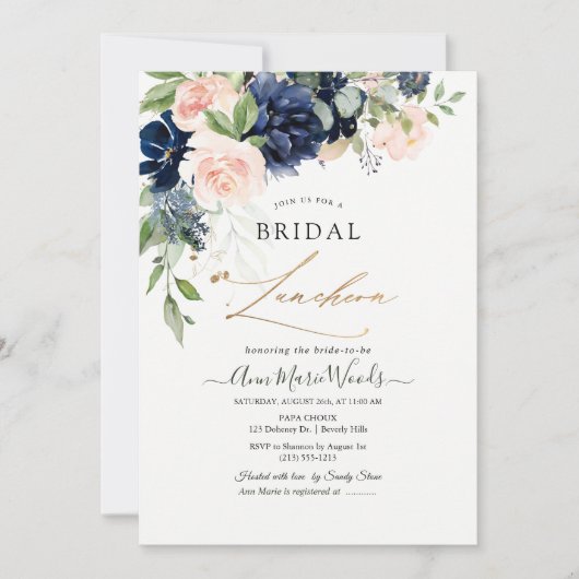 Aquarell Blush Navy Blue Blumen Bridal Lunchoen Einladung (Vorderseite)