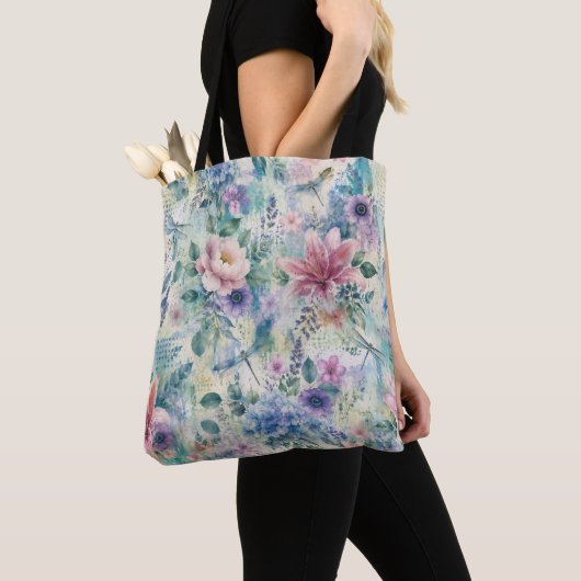 Aquarell-Blüten-Libellen-Muster Tasche (Von Nahem)