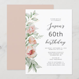 Aquarell-Blüten-Pfirsich-Rosa 60. Geburtstag Einladung