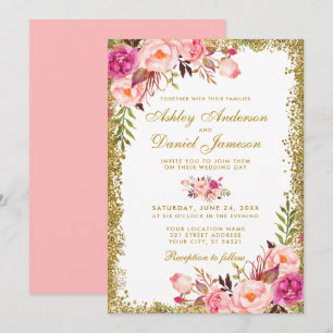 Aquarell-Blüten-Rosa-Wedding-Glitter Einladung
