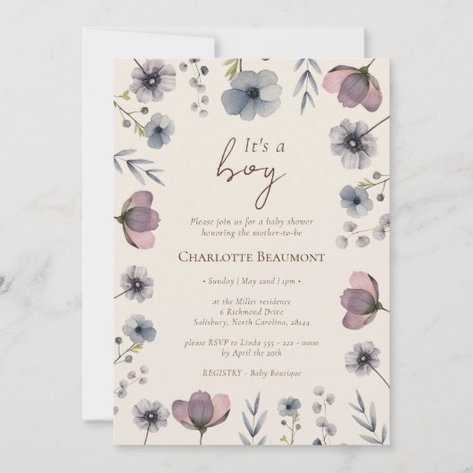 Aquarell Blütenbeige Es ist eine Baby-Dusche Einladung (Vorderseite)