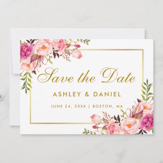 Aquarell Blütenrosa Blütengold Save the Date (Vorderseite)