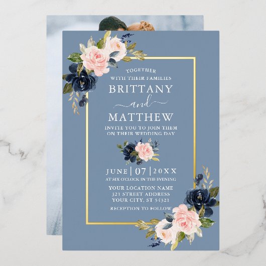 Aquarell Blütenrosa Tusty Blue Foto Gold Folieneinladung (Vorderseite/Rückseite)