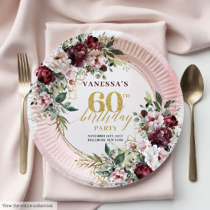 Aquarell Boho Burgund Grün Gold 60 Geburtstag Pappteller