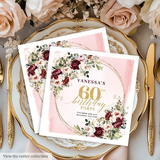Aquarell Boho Burgunder-Rosa 60. Geburtstag Servie Serviette