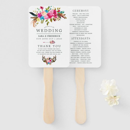 Aquarell Boho Chic Florales Hochzeitsprogramm Fächer (Vorne und Hinten)
