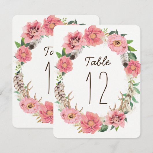 Aquarell Boho Federn Tischnummernkarten Einladung (Vorne/Hinten)