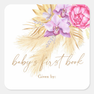 Aquarell Boho Pampasgras - Baby erstes Buch Quadratischer Aufkleber