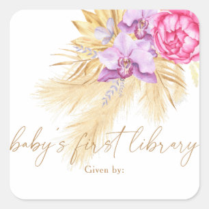 Aquarell Boho Pampasgras, Baby's erste Bibliothek Quadratischer Aufkleber