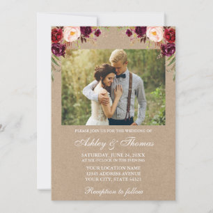 Aquarell-Bordeaux-Blumen-Foto-Hochzeit-Kraft Einladung