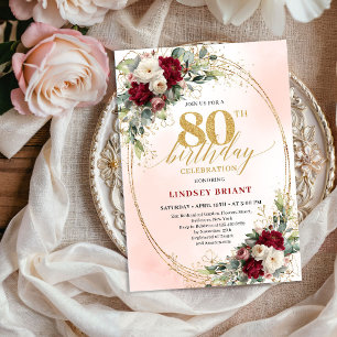 Aquarell-Bordeaux-Blumen Gold 80. Geburtstag Einladung