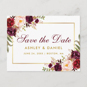 Aquarell-Bordeaux-Blumen-Gold-Save-the-Date Ankündigungspostkarte