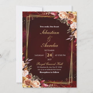Aquarell-Bordeaux-Blumen-Goldene-Hochzeitseinladun Einladung