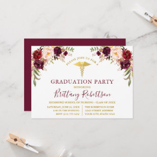 Aquarell-Bordeaux-Blumen-Medizin-Absolventenparty Einladung