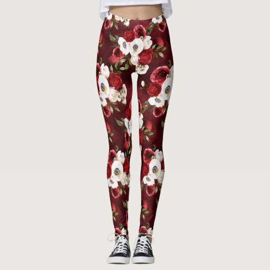 Aquarell-Bordeaux-Blumenmuster Leggings (Vorderseite)