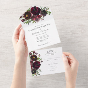 Aquarell Bordeaux Rot Botanische Blumen Hochzeit All In One Einladung
