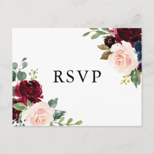 Aquarell-Bordeaux- und Blaue Blumen Hochzeit-RSVP Postkarte