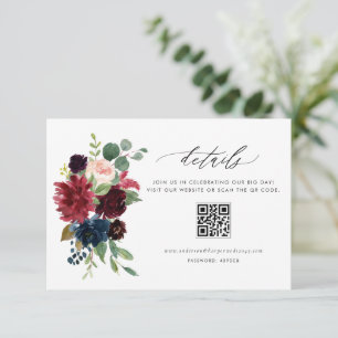Aquarell-Bordeaux und Marineblau-Blumen-QR-Code Begleitkarte
