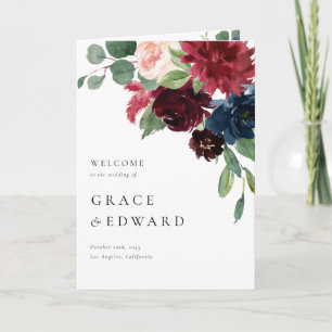 Aquarell-Bordeaux- und Marineblaue Blumen Hochzeit Programm
