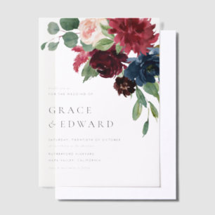 Aquarell-Bordeaux und Navy-Blau Florale Hochzeit Pergament Einladungen