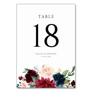 Aquarell-Bordeaux und Navy-Blau Florale Hochzeit Tischnummer