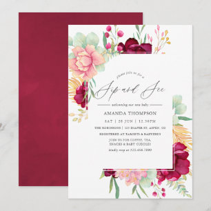 Aquarell-Bordeaux und Rosa-Blumen-Sip-and-See-Einl Einladung