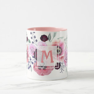 Aquarell bordeauxrosa Blumen Tasse