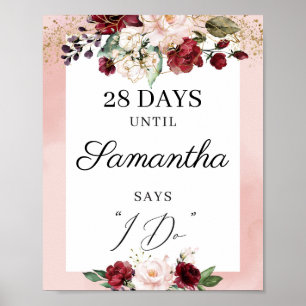 Aquarell bordeauxroter Blush-Pink Countdown-Schild Poster
