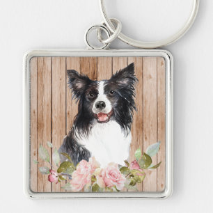 Aquarell Border Collie & Blumen Schlüsselanhänger