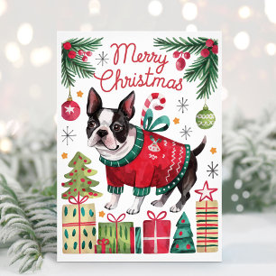 Aquarell Boston Terrier Weihnachtskarte Feiertagskarte